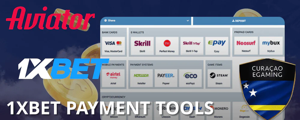 Payment tools at 1xBet online casino for Aviator